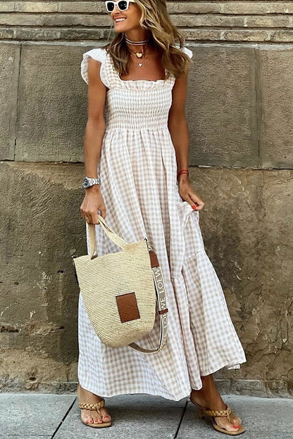 🌸Singing Solo – Mehrfarbiges Maxikleid mit gesmokten Büsten und Karomuster