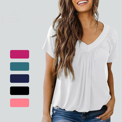 🌸Muttertagsaktion 50% Rabatt🌸Lässiges Damen-Top mit plissiertem V-Ausschnitt und kurzen Ärmeln