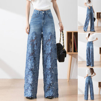 Damen blaue hochtaillierte Jeans mit weitem Bein, Lochmuster und Spitzeneinsätzen