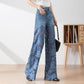 Damen blaue hochtaillierte Jeans mit weitem Bein, Lochmuster und Spitzeneinsätzen
