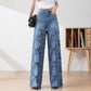 Damen blaue hochtaillierte Jeans mit weitem Bein, Lochmuster und Spitzeneinsätzen