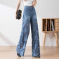 Damen blaue hochtaillierte Jeans mit weitem Bein, Lochmuster und Spitzeneinsätzen