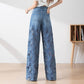 Damen blaue hochtaillierte Jeans mit weitem Bein, Lochmuster und Spitzeneinsätzen