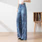 Damen blaue hochtaillierte Jeans mit weitem Bein, Lochmuster und Spitzeneinsätzen